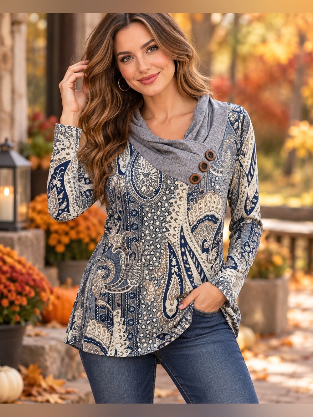 NWT Made With Love Paisley Cowl Neck Top Size Small Blue Gray Button Detail